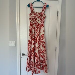 Skies Are Blue Red and White Leaf Print Maxi Dress